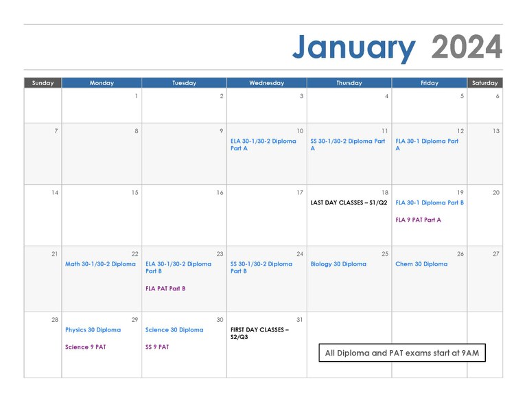 January 2024 Exam Schedule